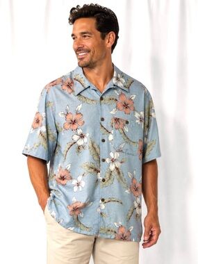 Banana Cabana 100% Silk Hawaiian Shirt Large Blue Floral Tropical Resort
